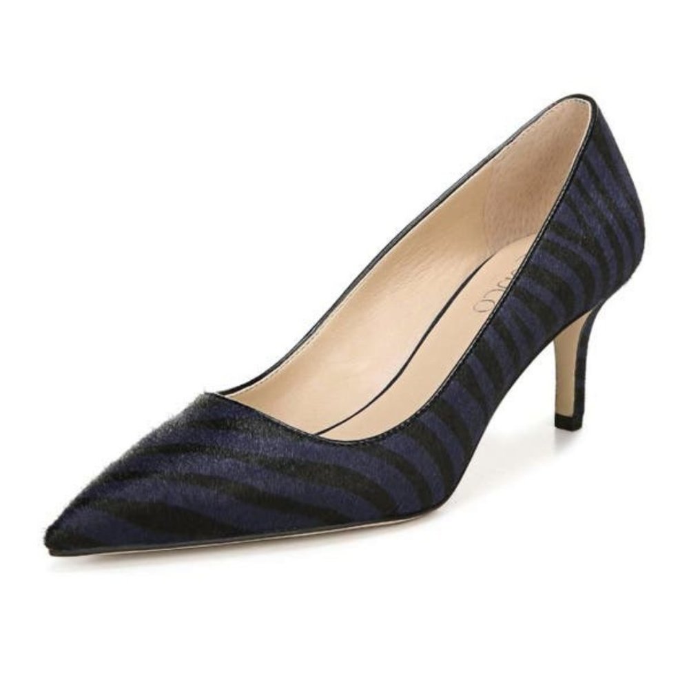 Franco Sarto Navy and Black Striped Pointed Toe Pumps